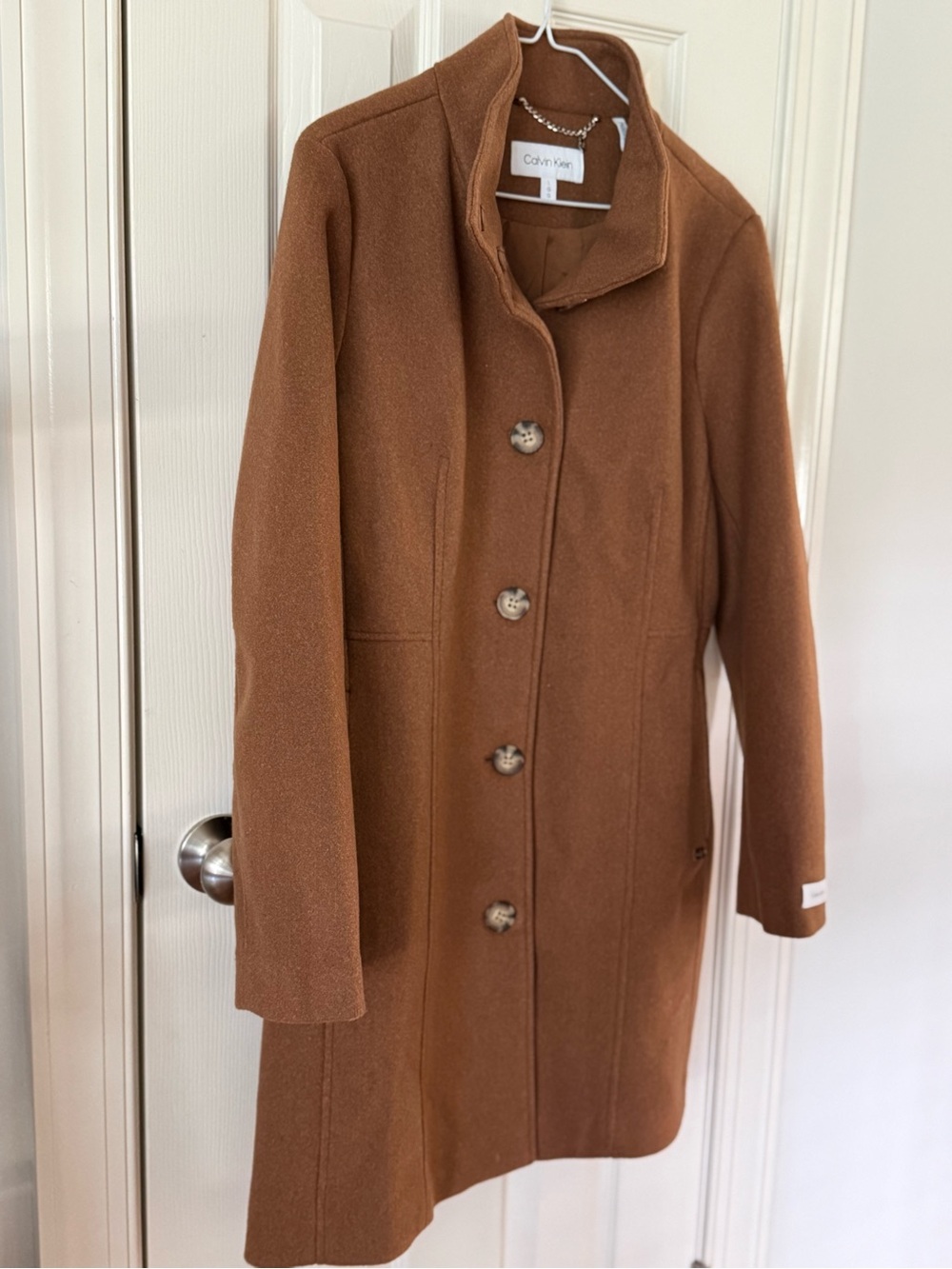 Calvin Klein Camel Brown Wool Blend Stand Collar Mid Length Coat NWOT Sz Large - Picture 9 of 15
